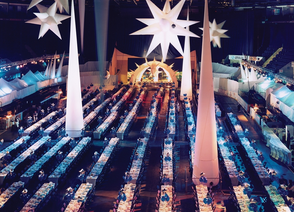 Elegant dining setup in Main Arena, Motorpoint Nottingham for gala dinners and conferences.