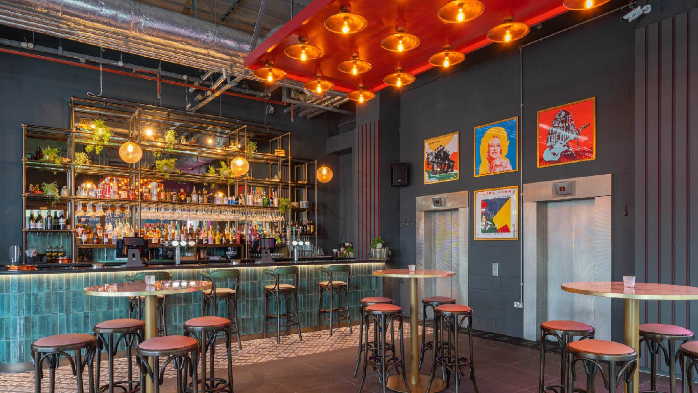 Vibrant bar area in The Green Room, Motorpoint Arena Nottingham for networking events.