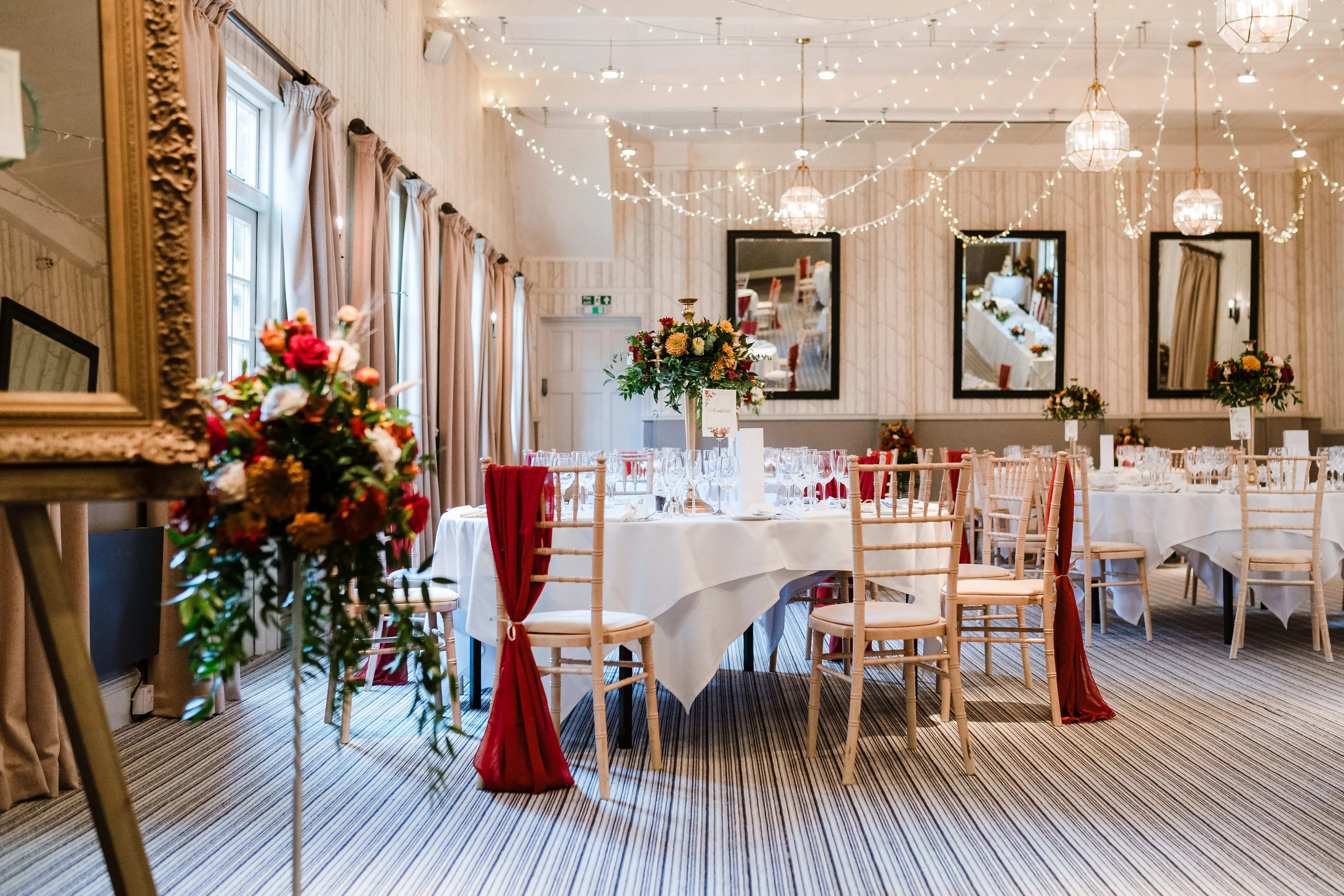 Elegant banquet room with floral centerpieces for weddings and upscale events.
