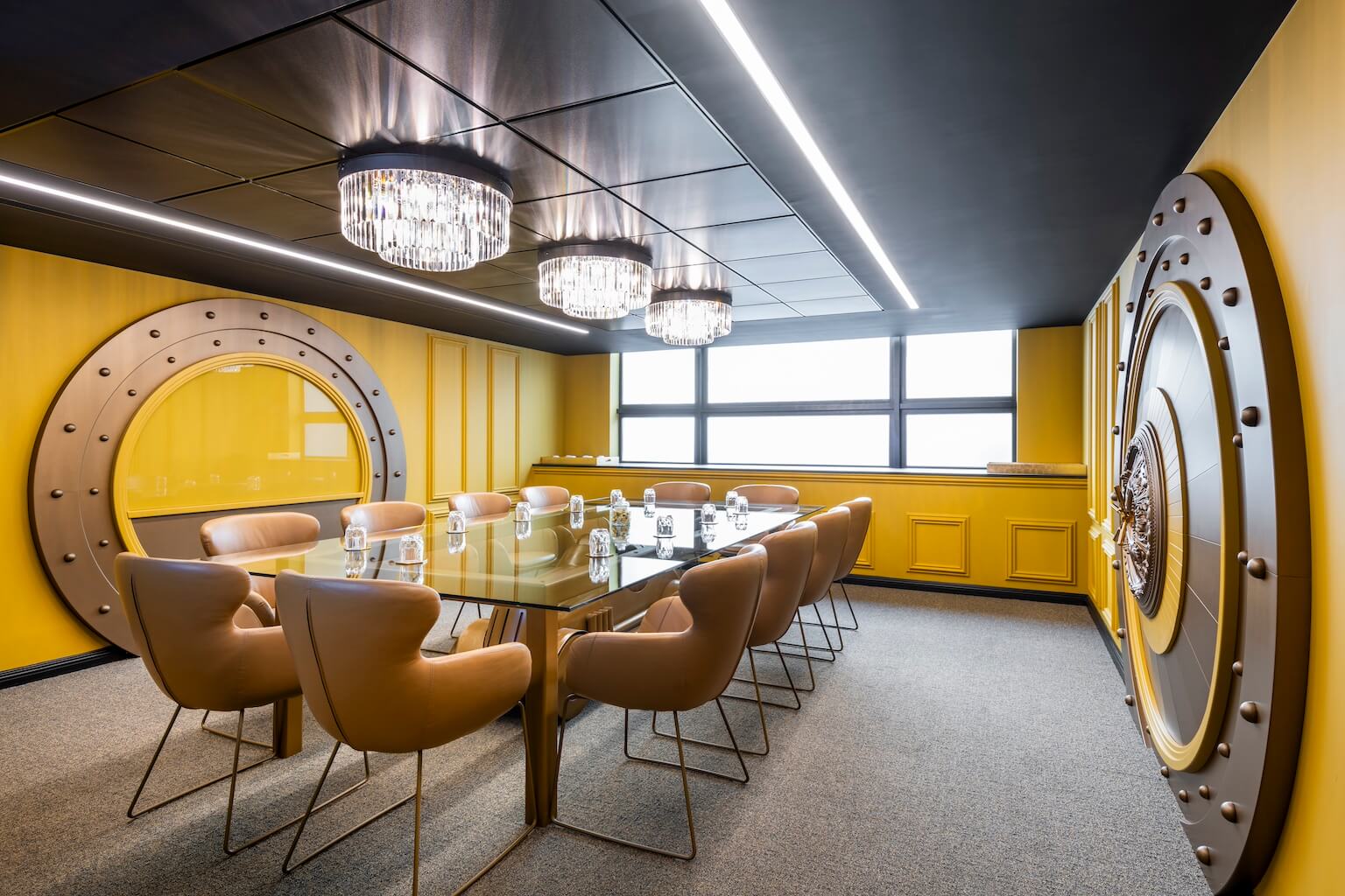 Modern conference room with yellow walls for executive meetings and brainstorming sessions.