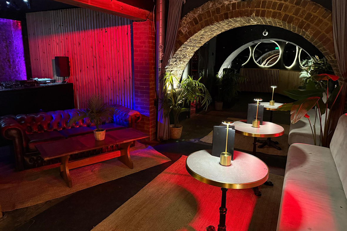 Vibrant Bunker event space in London with stylish furnishings for intimate receptions.