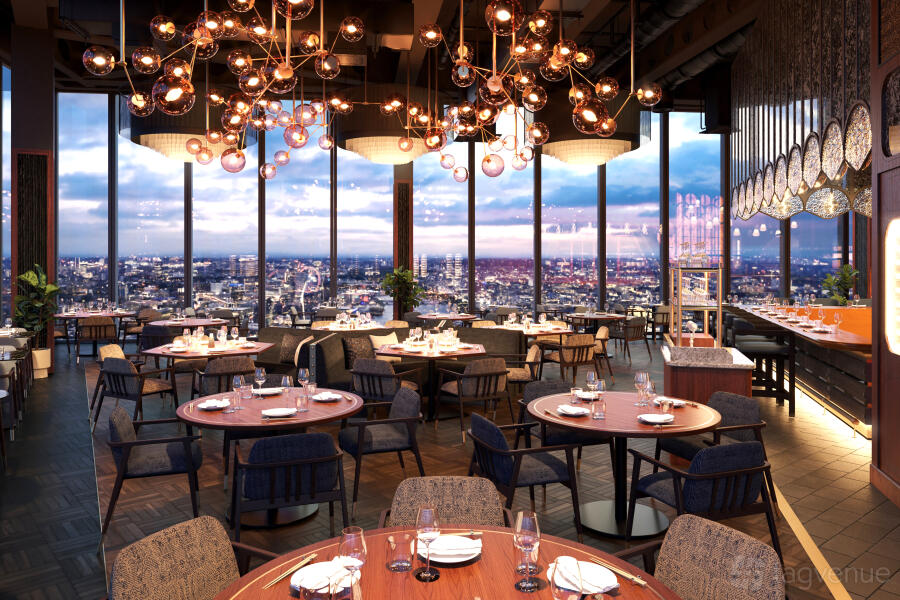 Private dining room at Lucky Cat Bishopsgate with city views, ideal for upscale events.