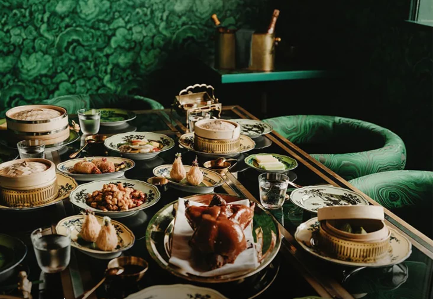 Maison Estelle dinner setup with dim sum spread for intimate corporate incentive events.
