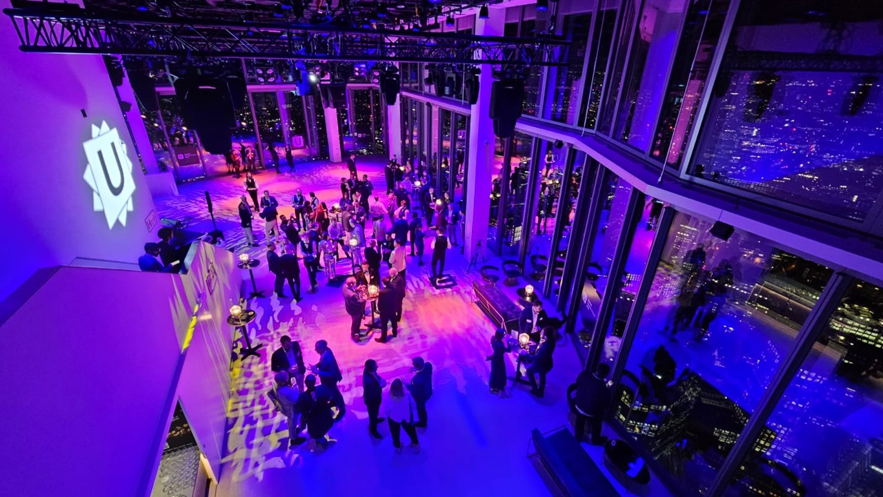 Sky-high reception, city view, product launch, networking event