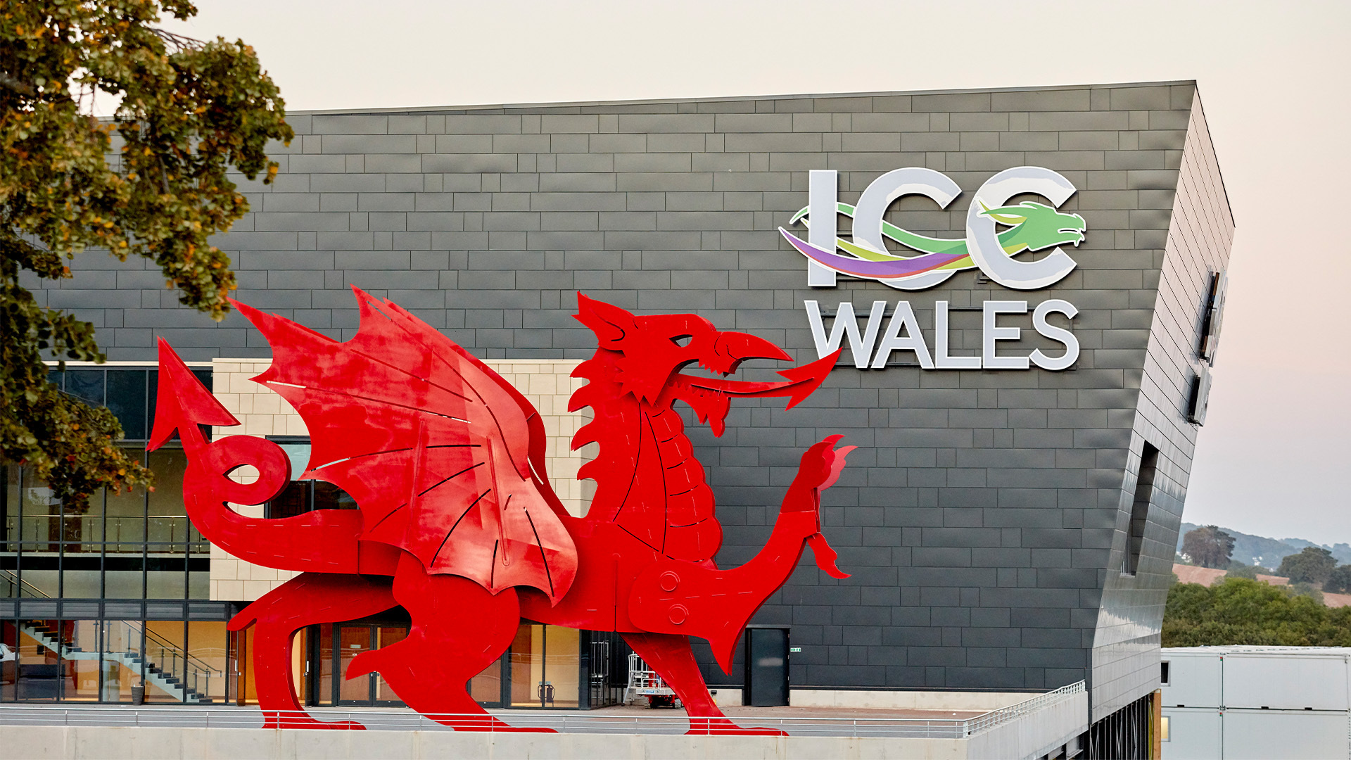 Whole Venue ICC Wales with red dragon sculpture, perfect for conferences and events.