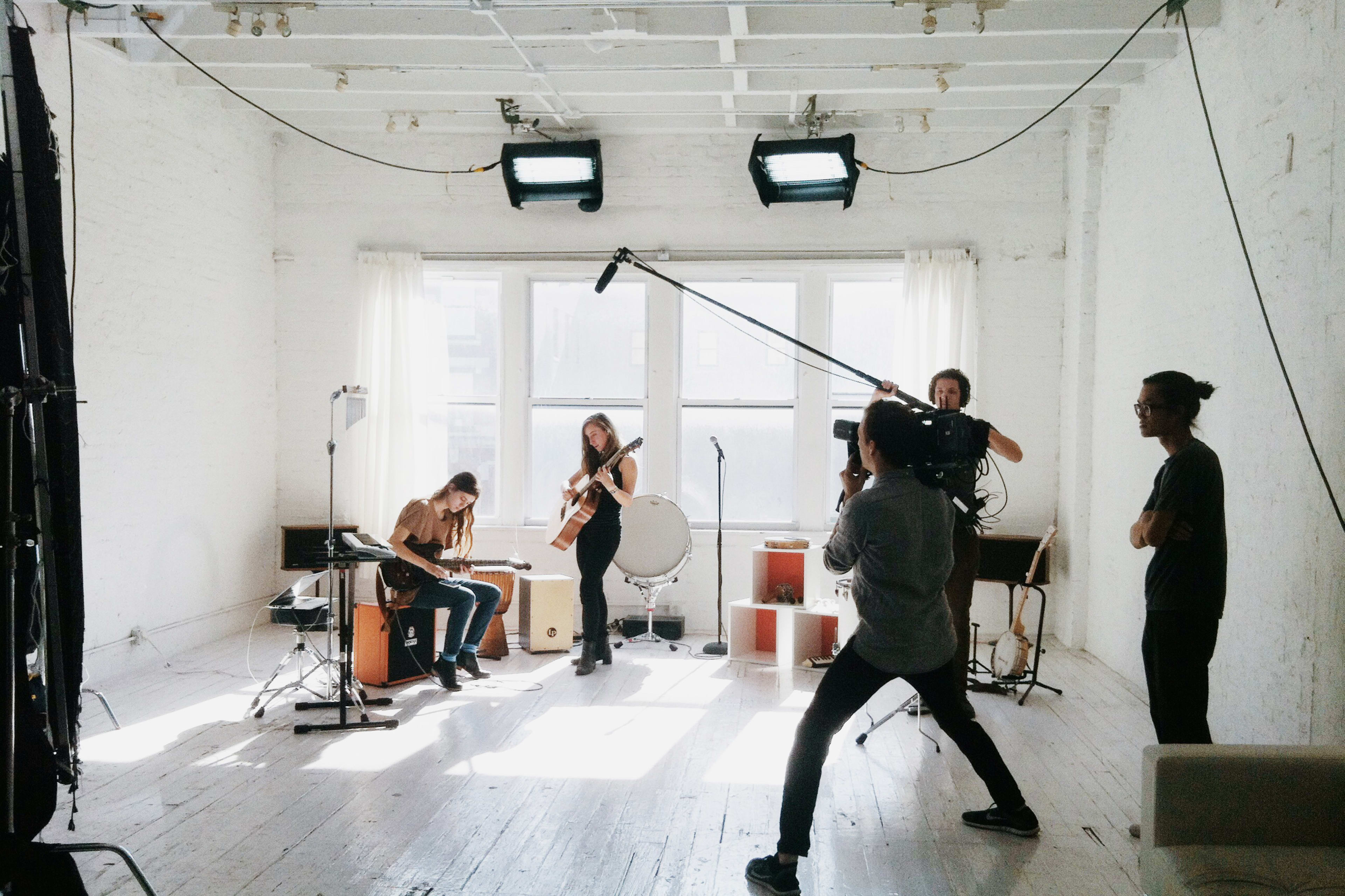 Live music setup with bright windows for creative events and video shoots.
