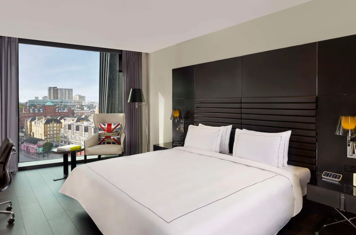 Modern hotel room with a city view, perfect for business meetings and retreats.