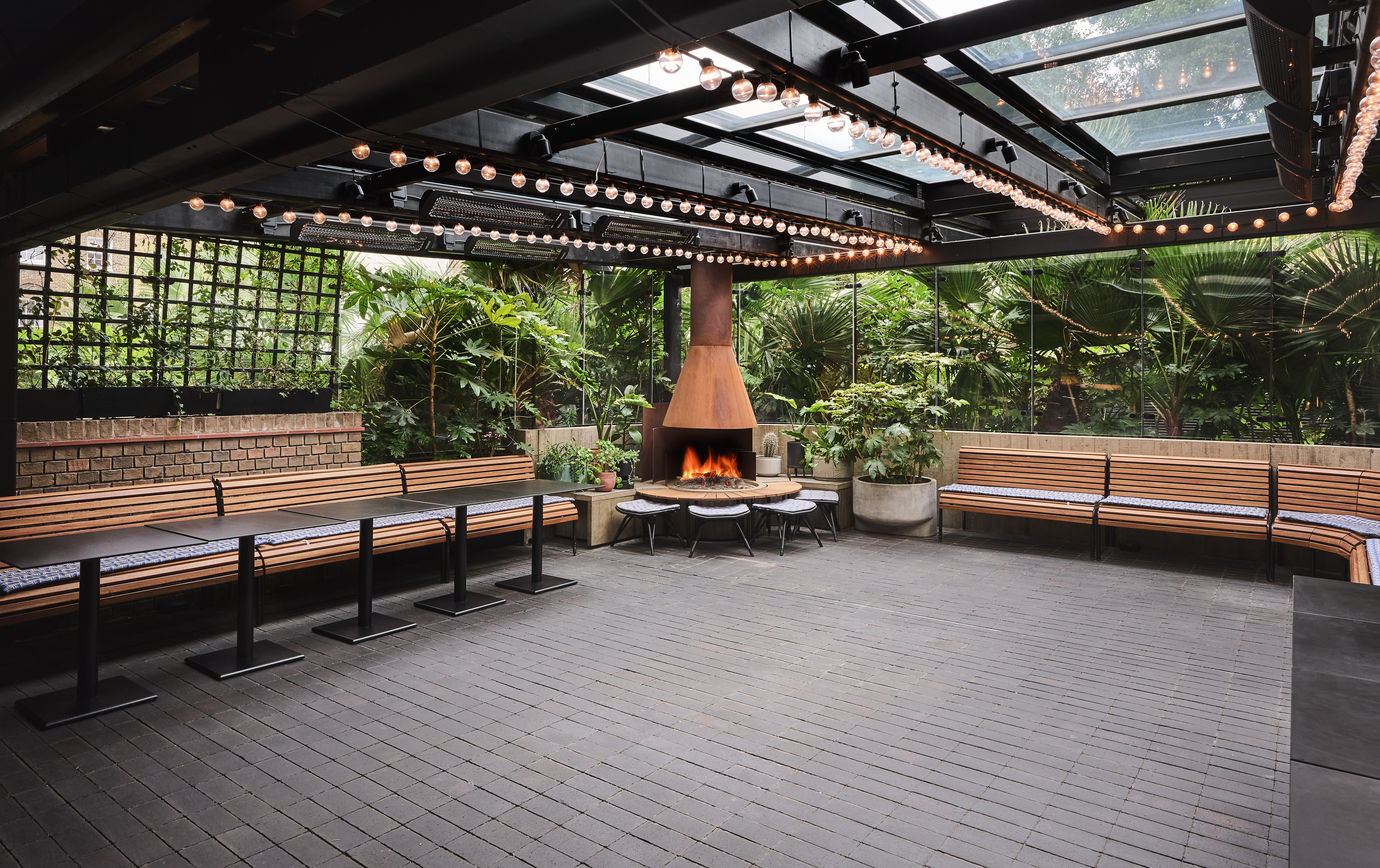 Isla Terrace London outdoor event fireplace networking