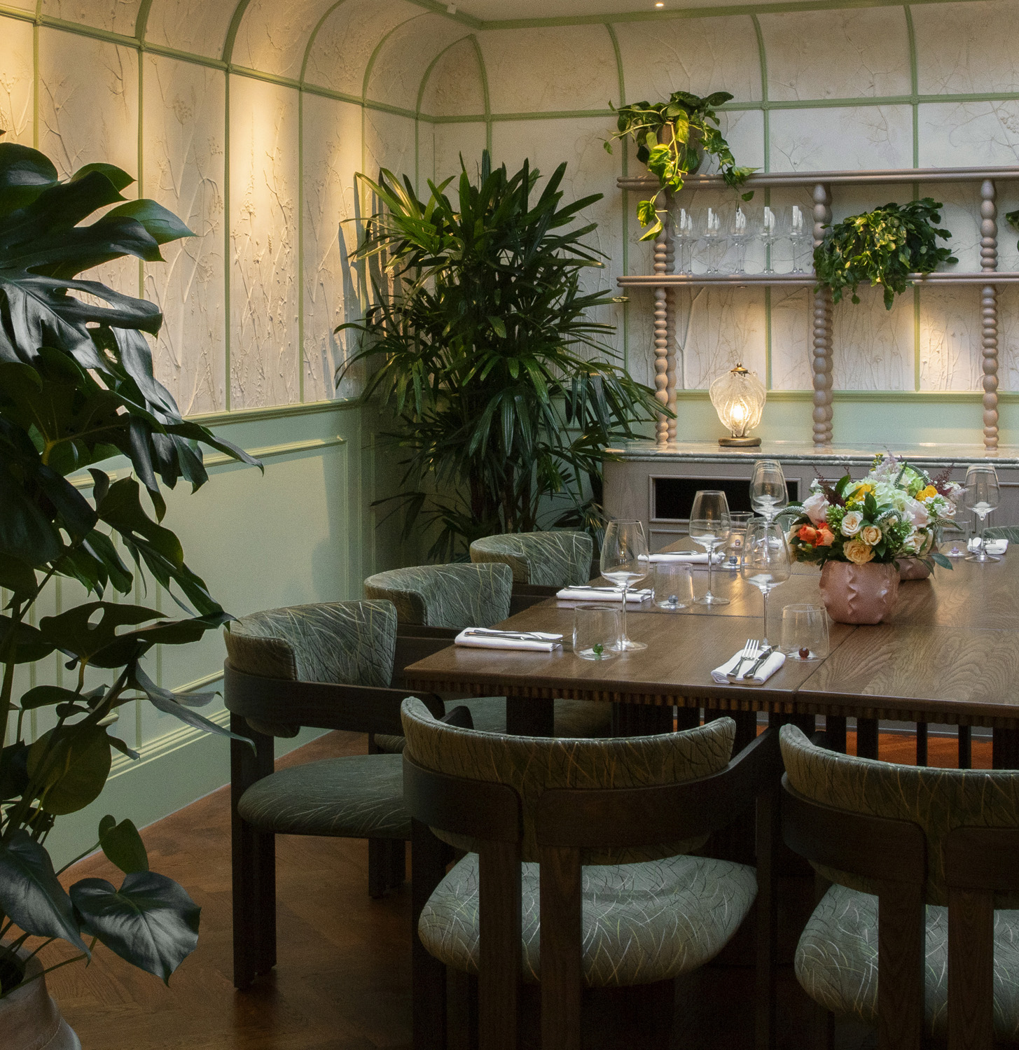 Private dining room at SiLVA Restaurant with biophilic decor for executive dinners and events.