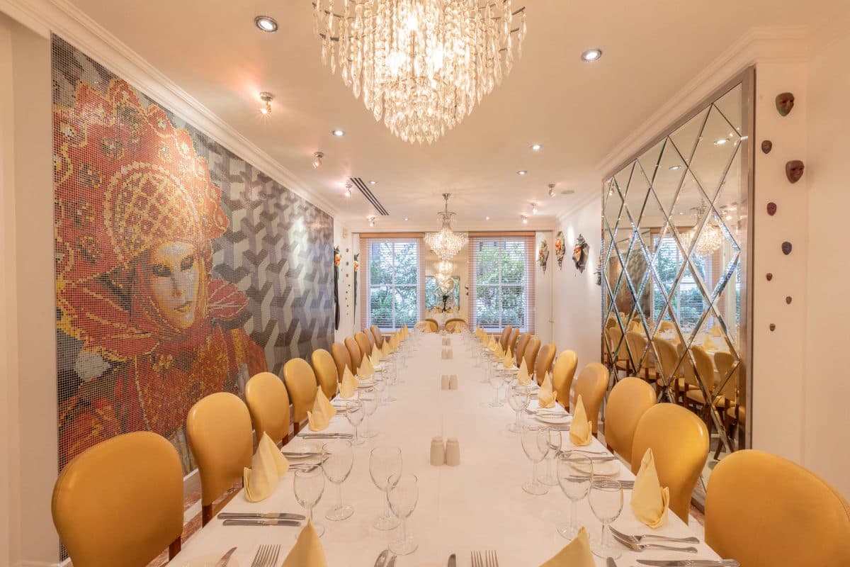 Upscale dining room with elegant decor for meetings and celebrations at Signor Sassi.