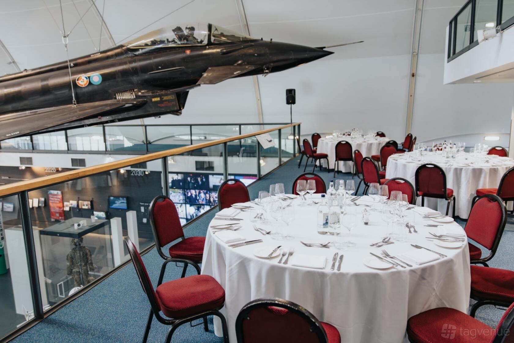 RAF Museum London event space with suspended aircraft, gala, product launch.