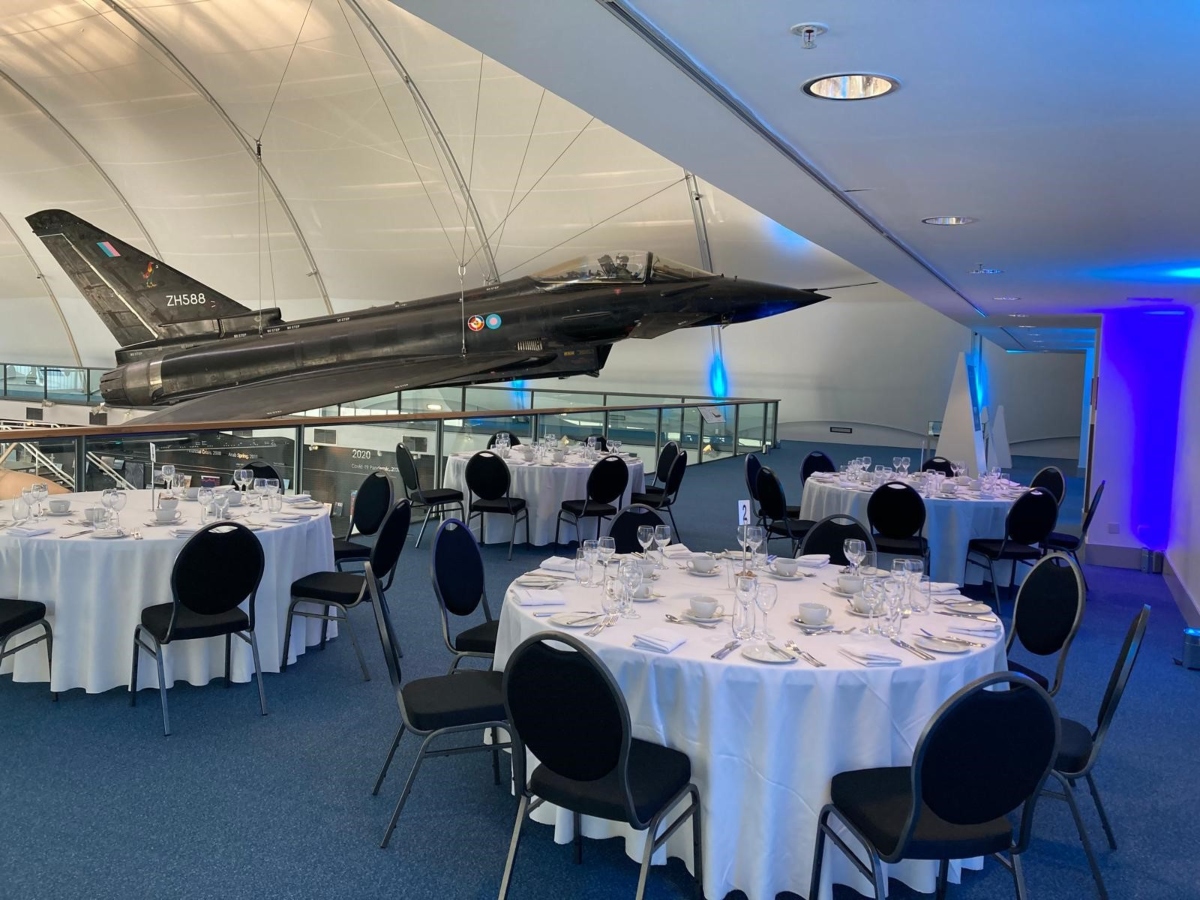 RAF Museum gala event venue, suspended aircraft backdrop