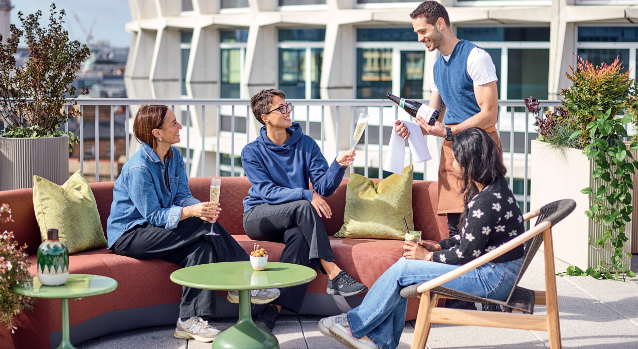 Clubhouse rooftop event, luxury seating, executive reception, networking venue