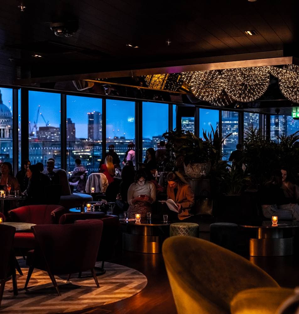 Rooftop bar, city view, cocktail event, networking