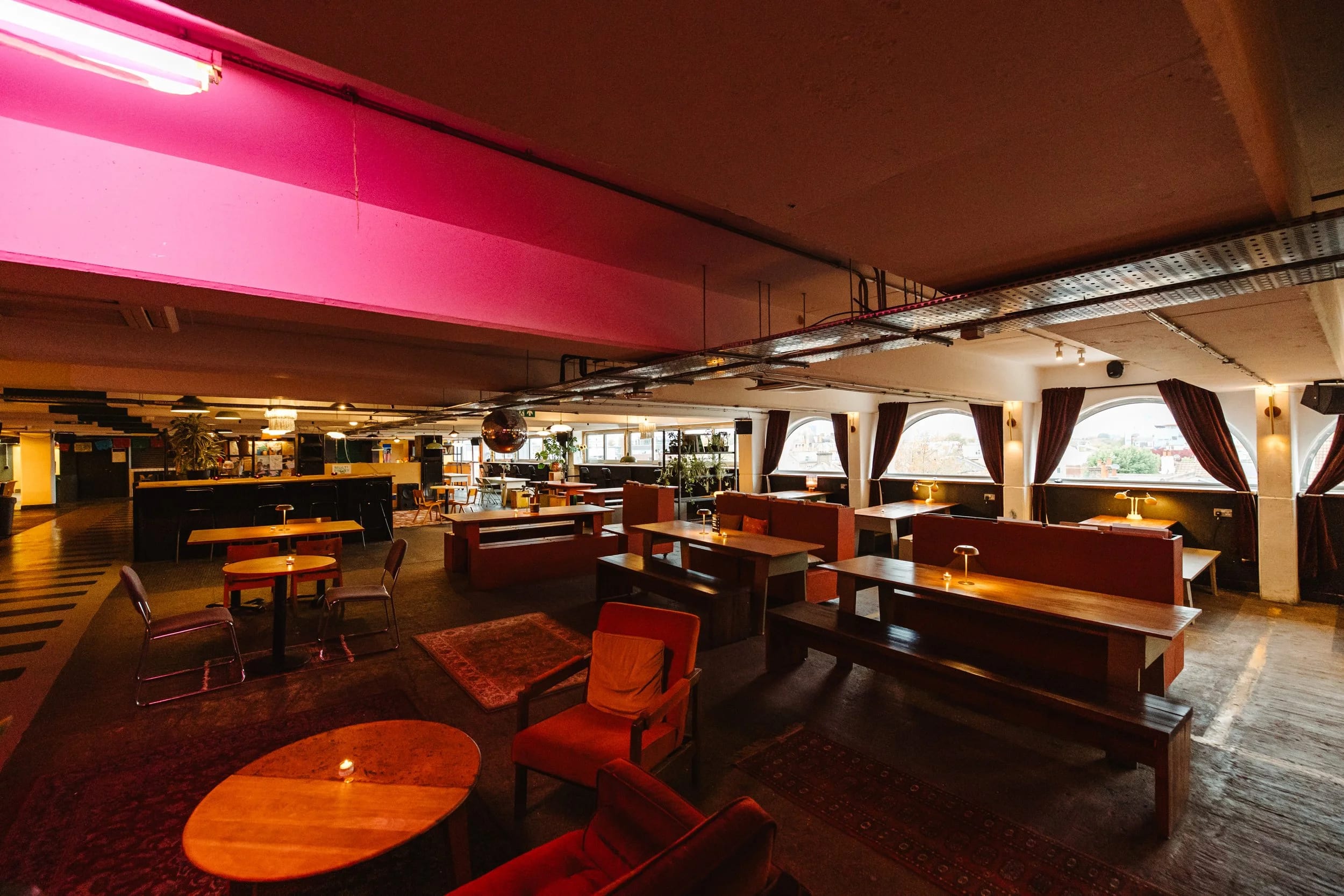 Industrial event space, bar, cocktail reception, product launch