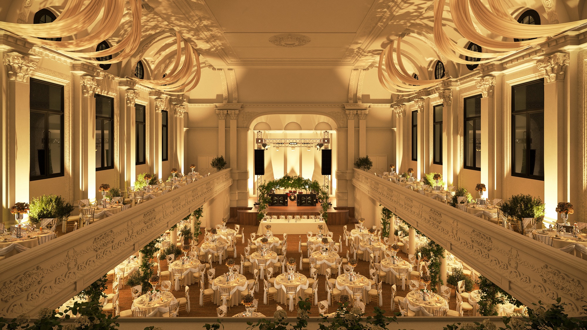 Pillar Hall multi-level event space, balcony, gala, wedding