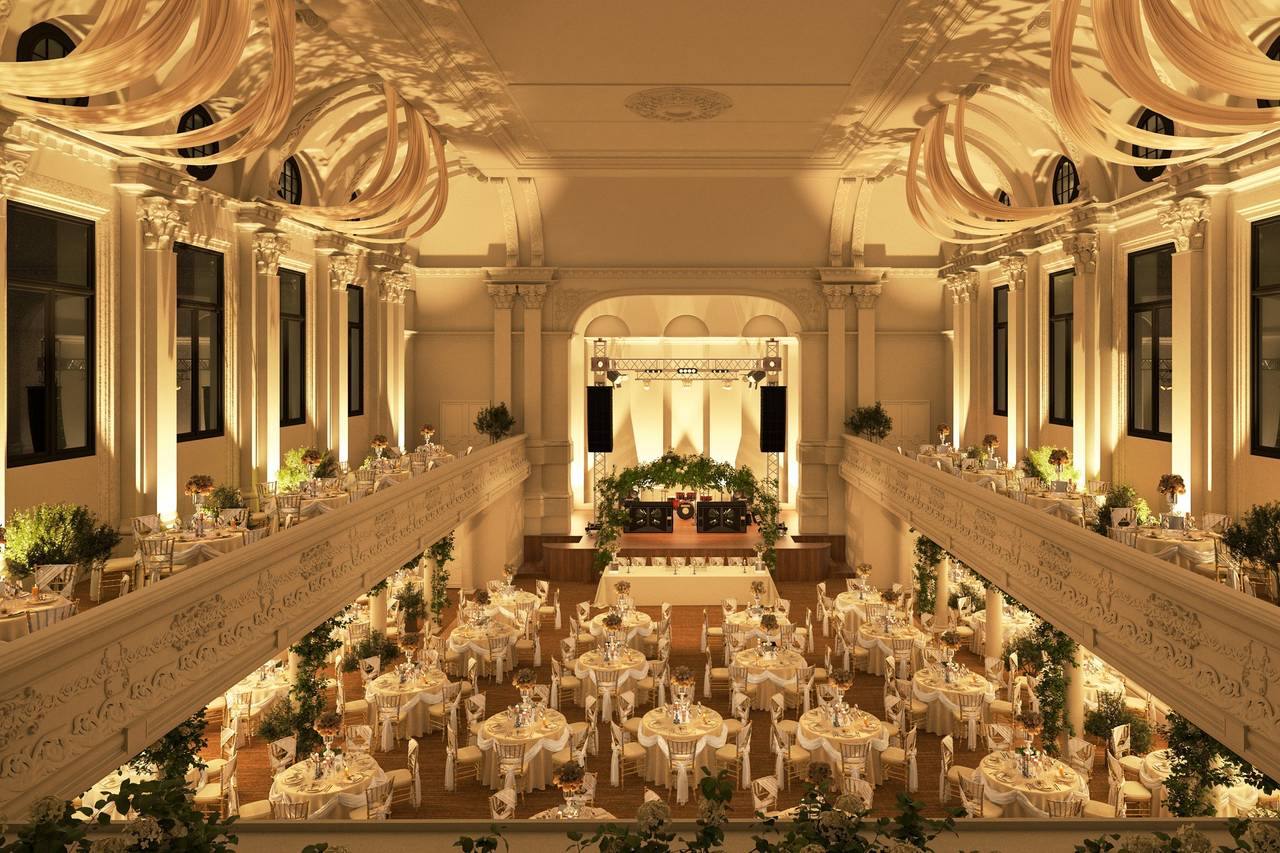 Elegant gala ballroom, ornate balconies, wedding, event