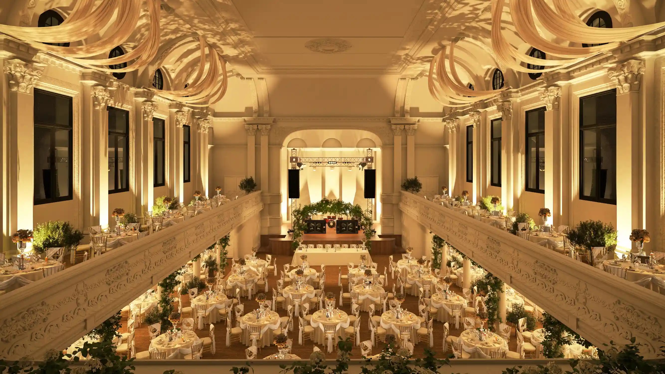 Pillar Hall ballroom: multi-level, elegant reception, gala venue