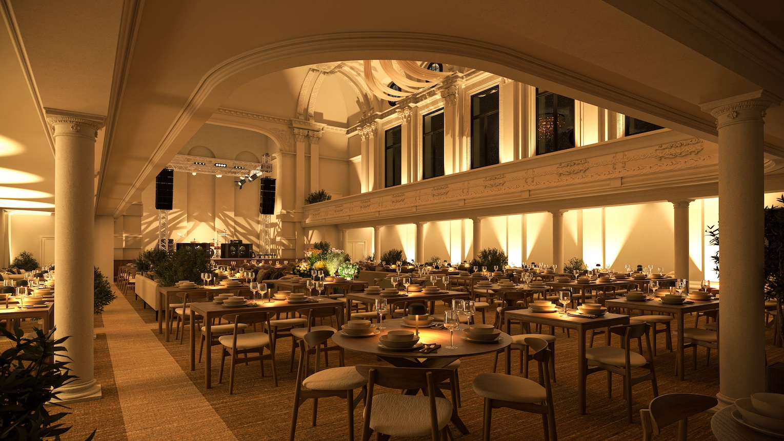 Idalia Restaurant event, elegant hall, dinner, Pillar Hall