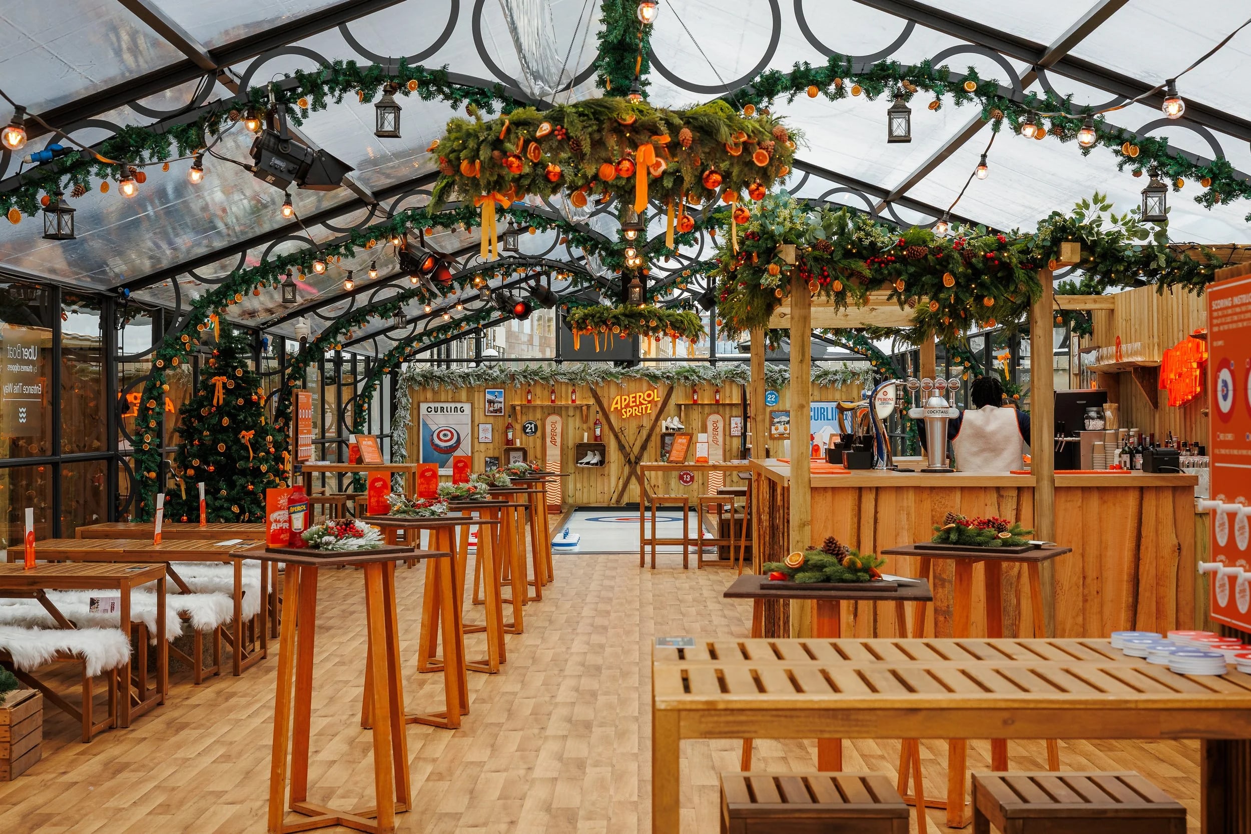 Glasshouse holiday party, festive event bar, corporate networking