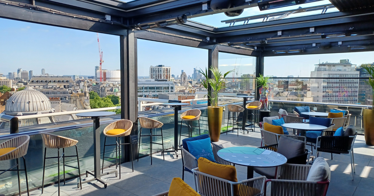 Rooftop cocktail venue with city views, product launch event