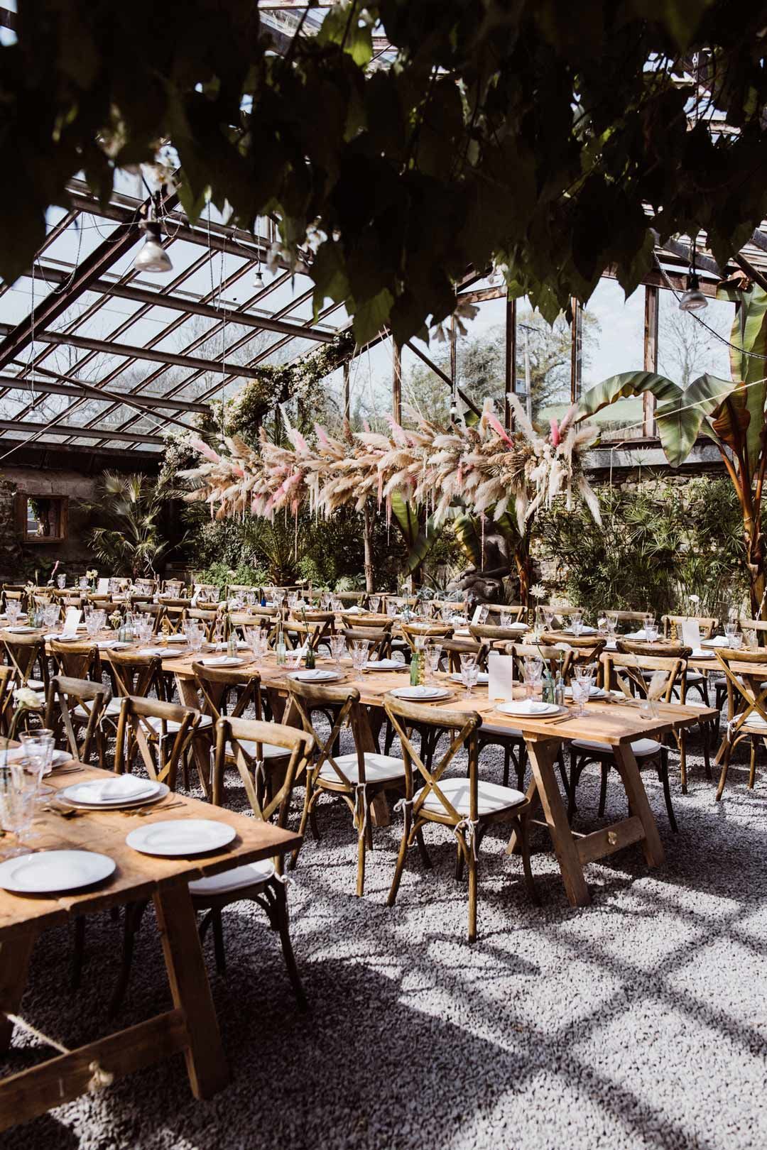 Greenhouse wedding venue, Pampas grass, rustic chic banquet