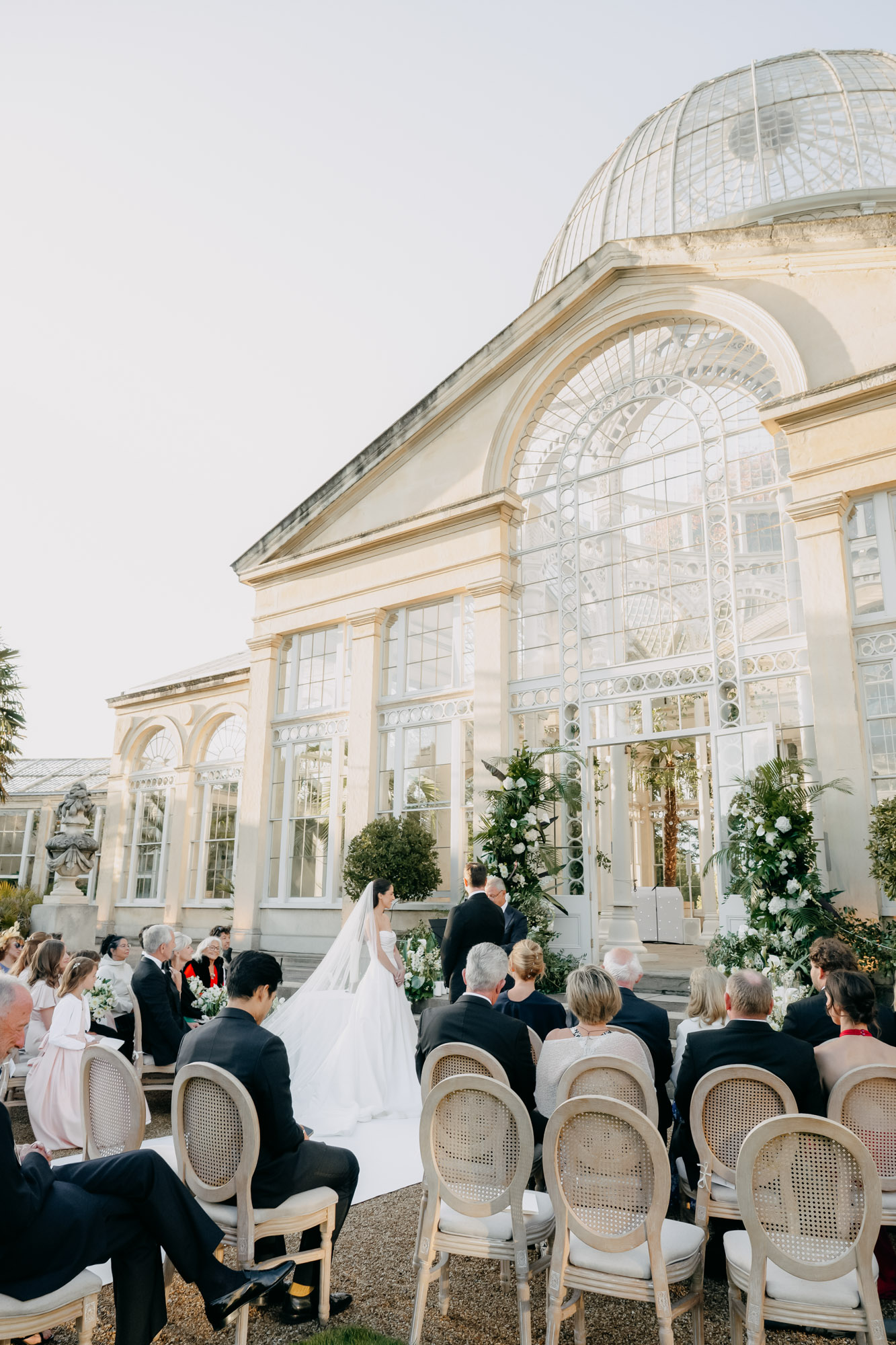 Elegant wedding conservatory, glasshouse, outdoor ceremony