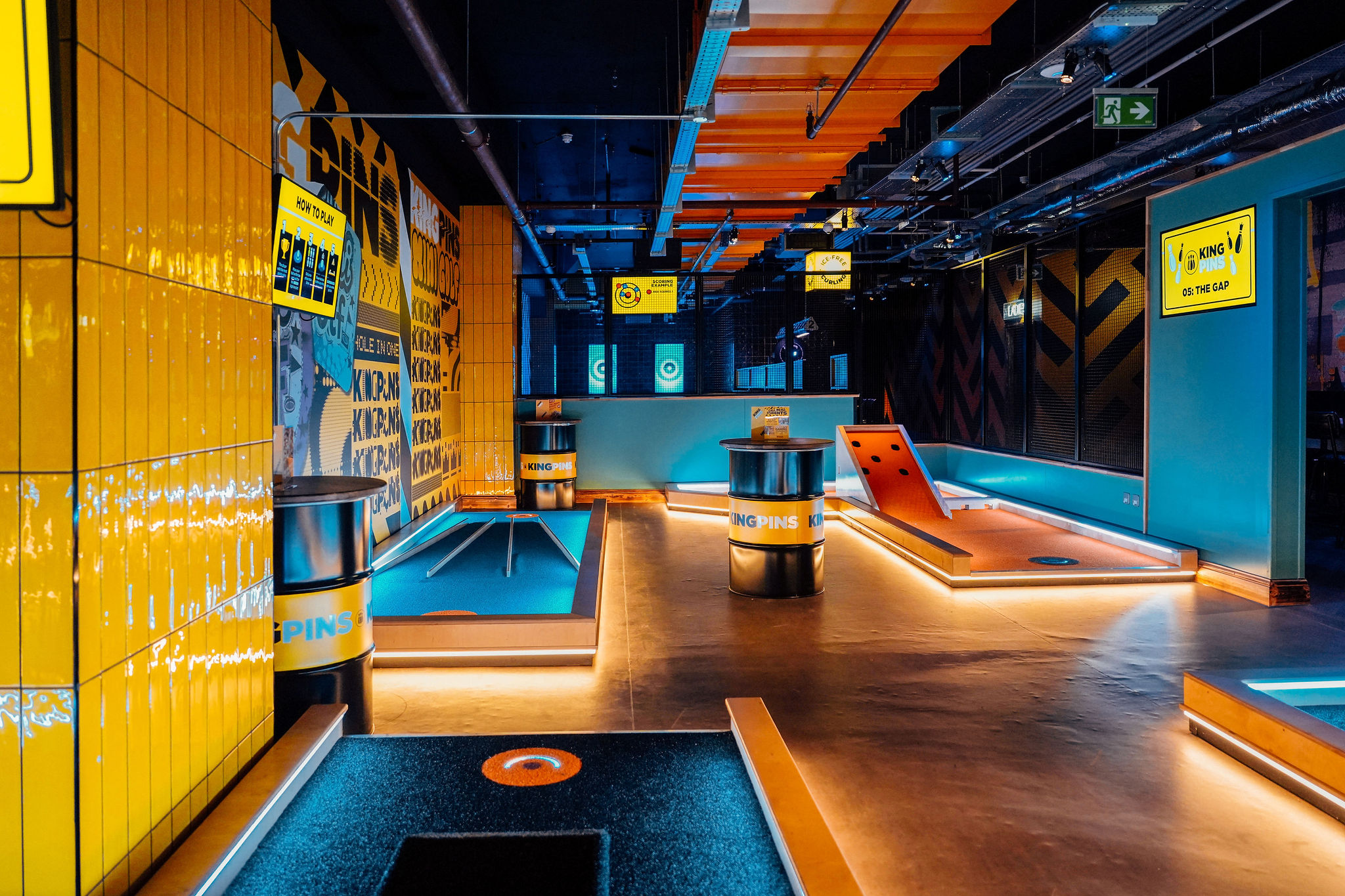 King Pins Waverly venue: Industrial mini-golf space for corporate team building and networking.