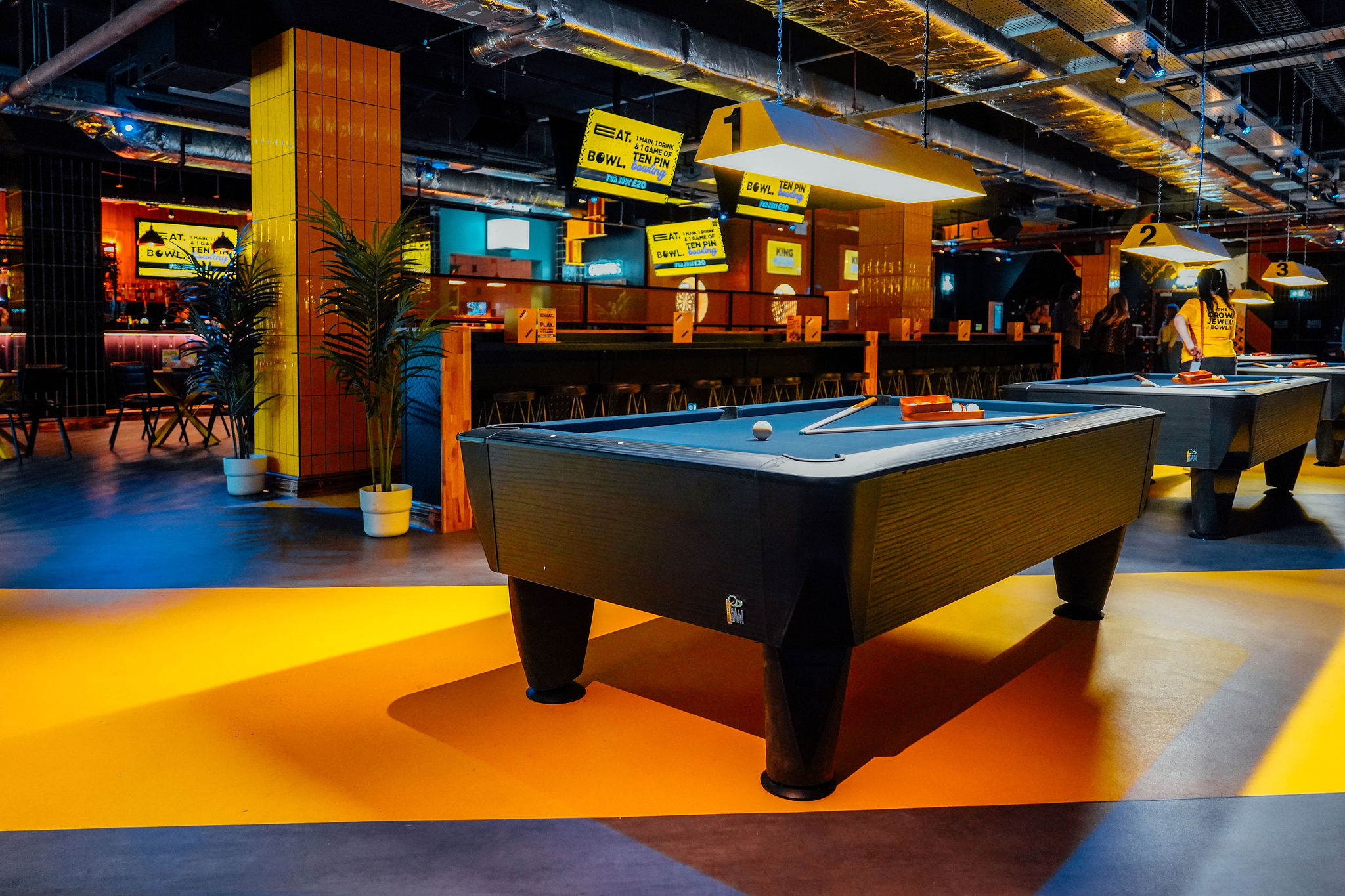 King Pins Waverly tournament area with pool tables for corporate team building events.