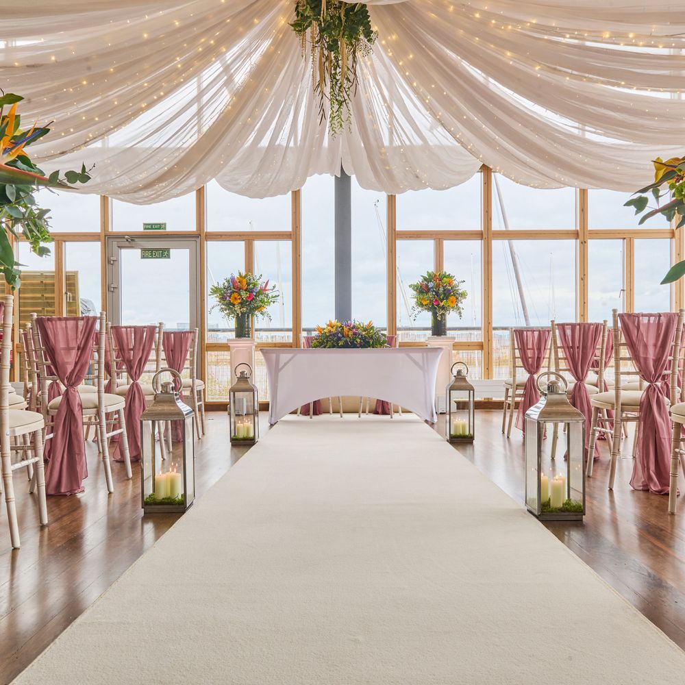 Wedding venue, draped ceiling, floral decor, London event
