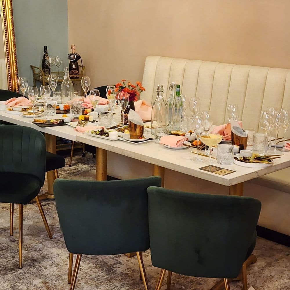 1942 Room post-event gathering, used glassware, napkins