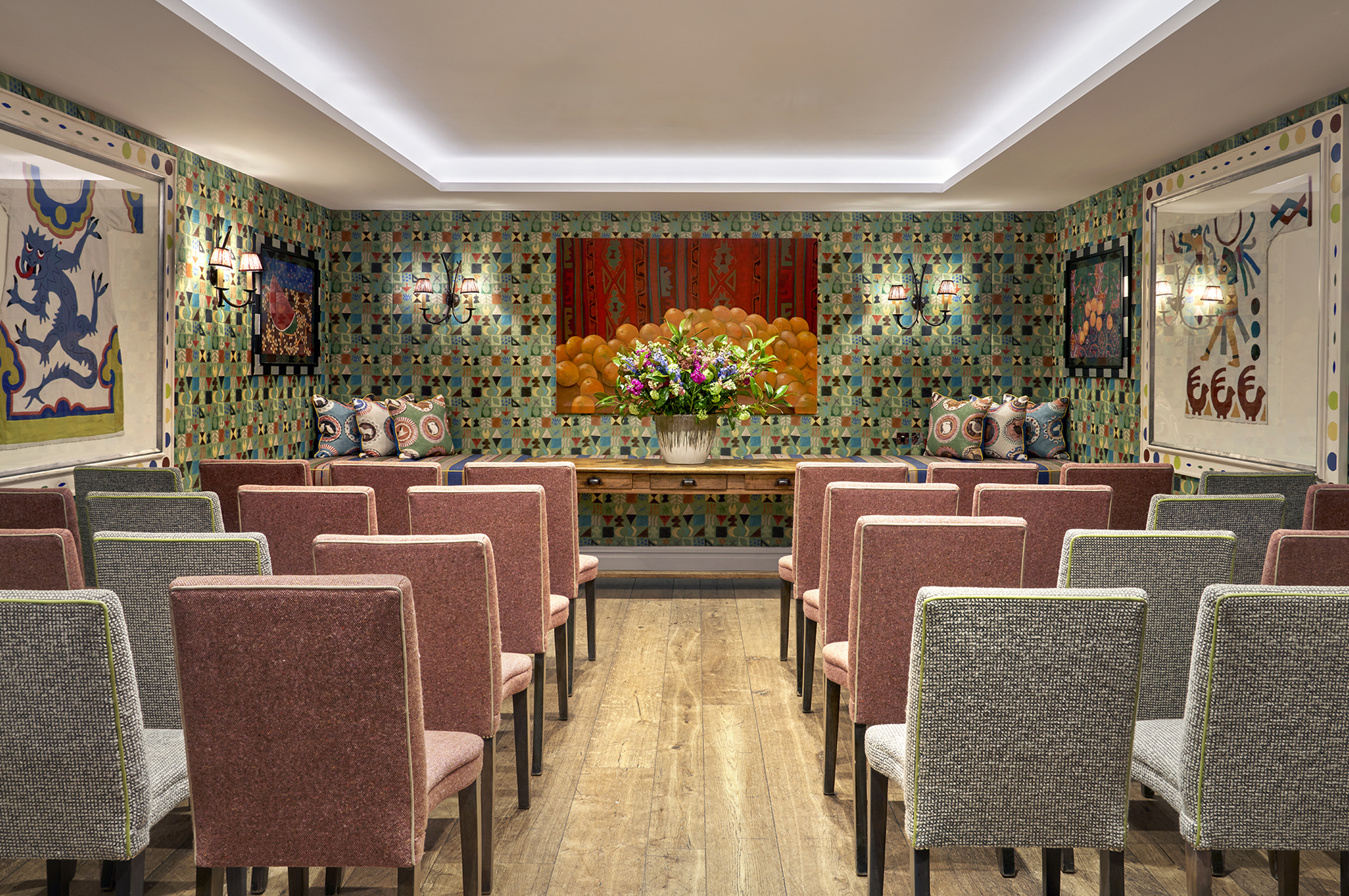 Boutique event space, patterned walls, VIP reception, corporate event