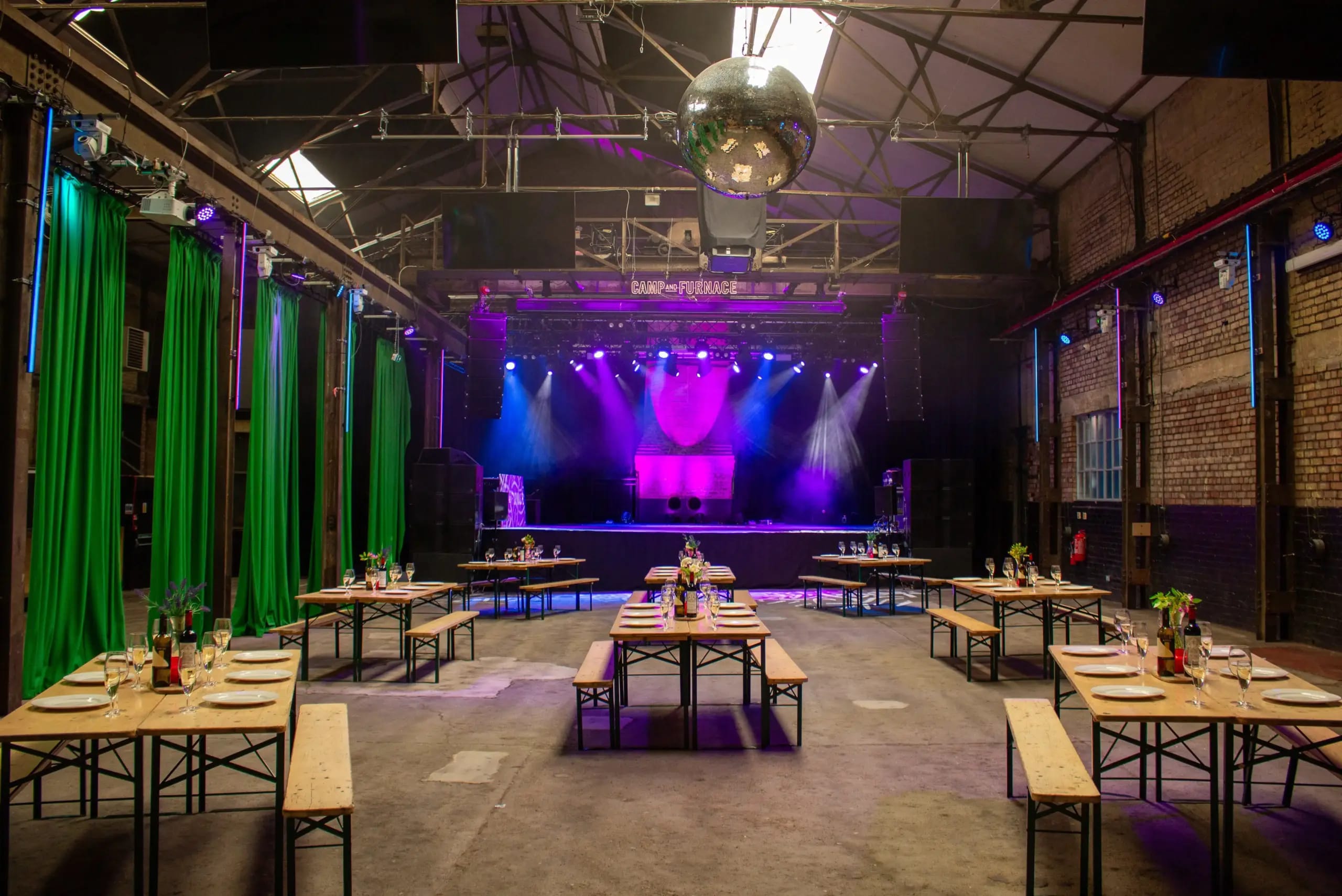 Industrial event venue, stage, reception, festival