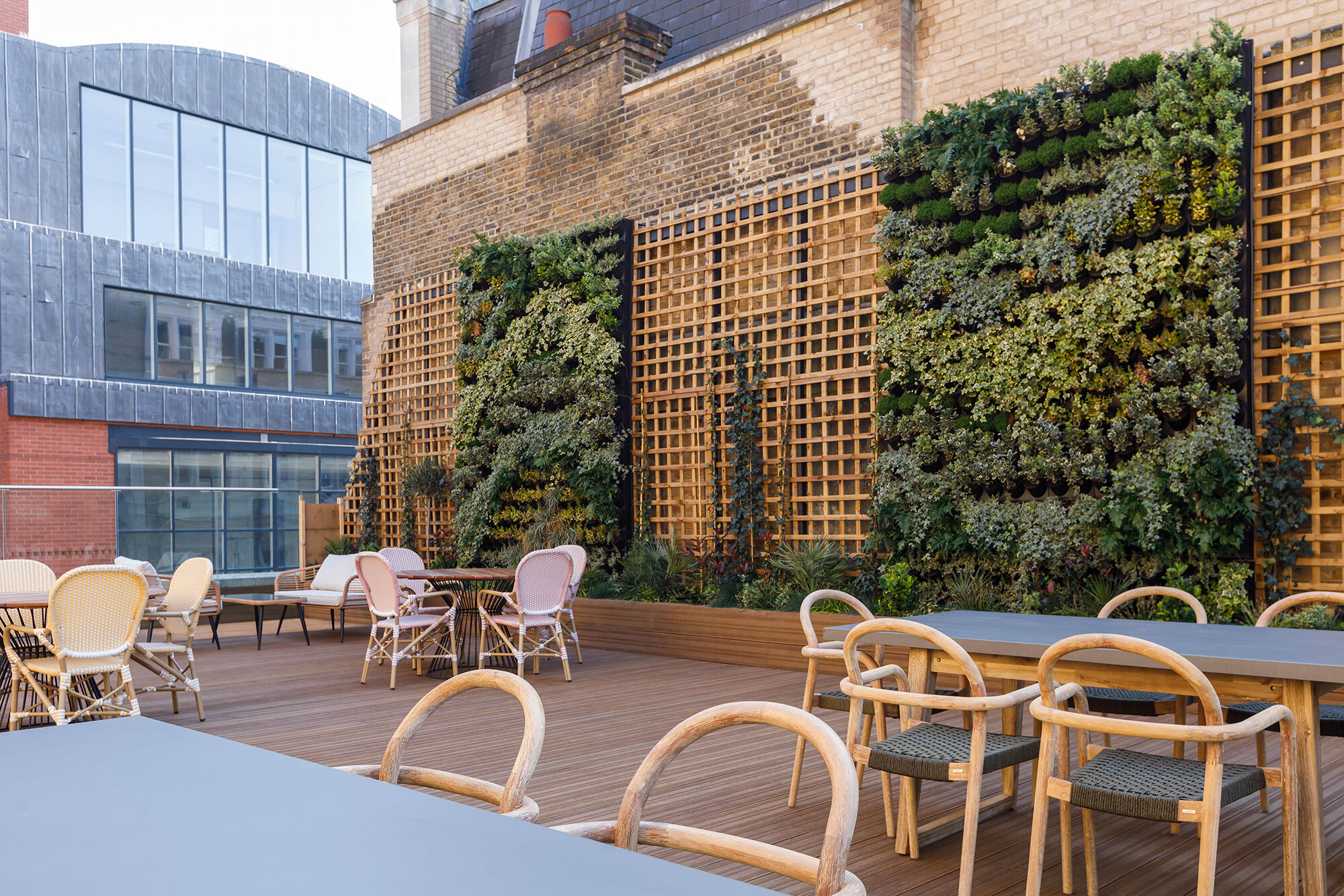London rooftop bar event venue, chic urban garden party.