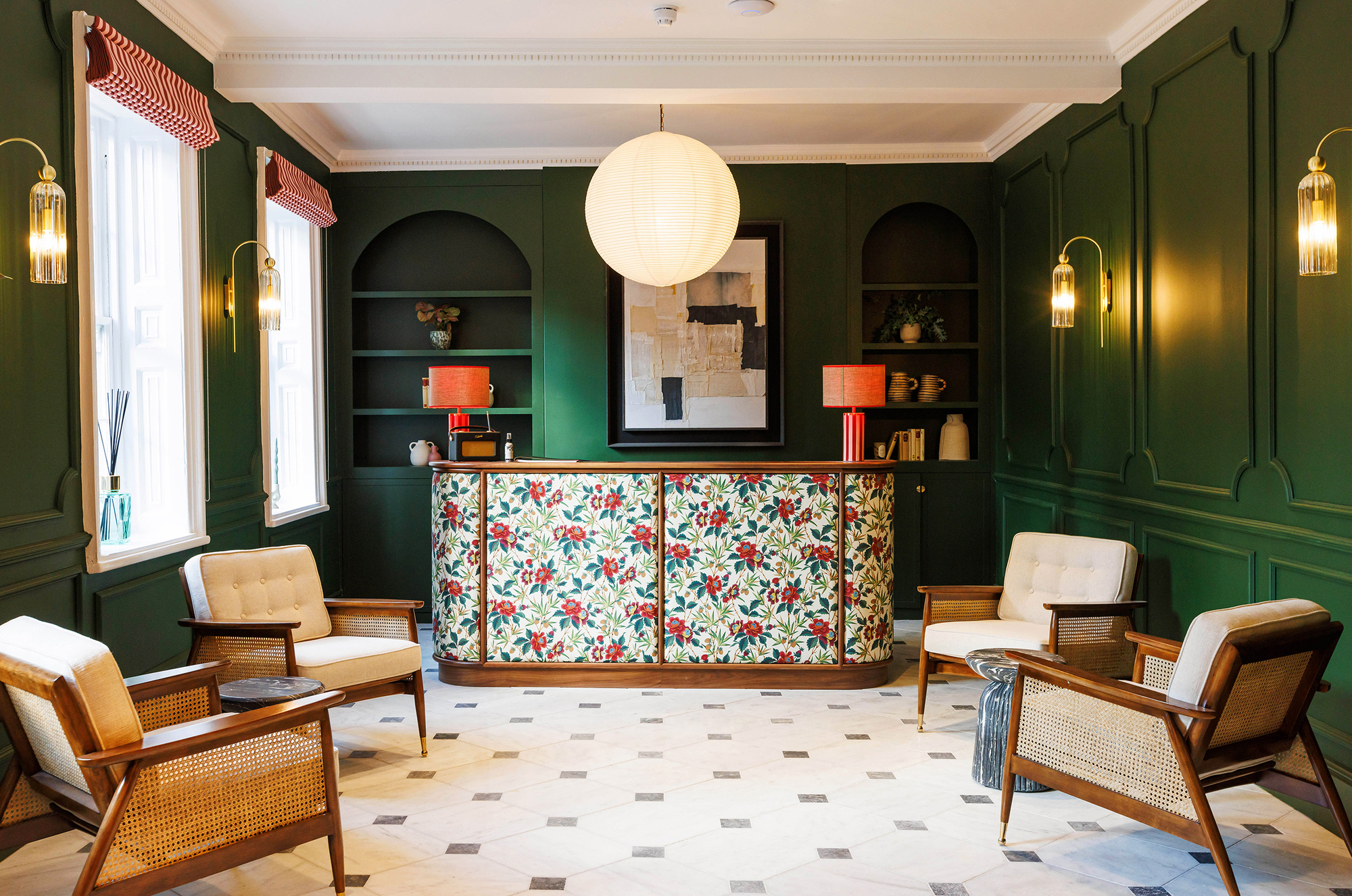 London Bridge event space, green reception desk