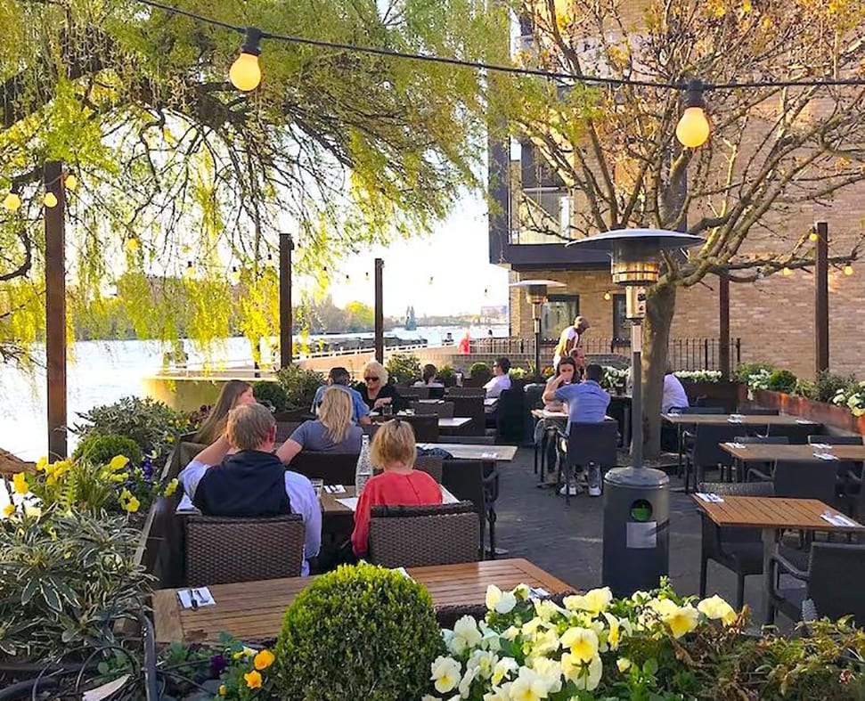 Outdoor pub terrace seating, heaters, al fresco dining