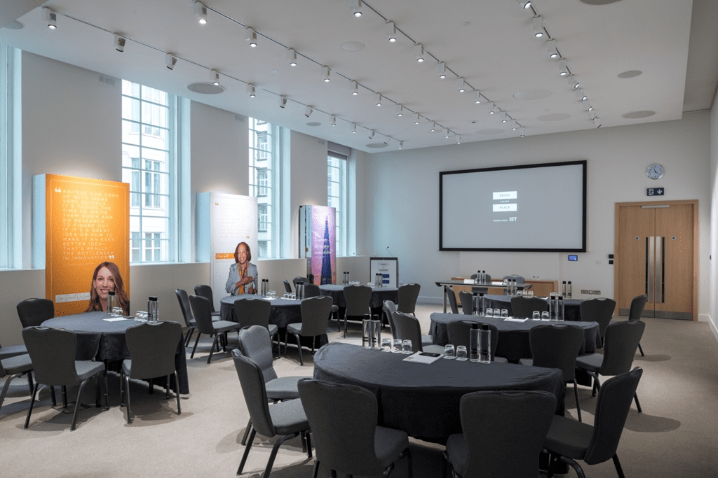 Savoy Place Heaviside room, round tables, conference, workshop