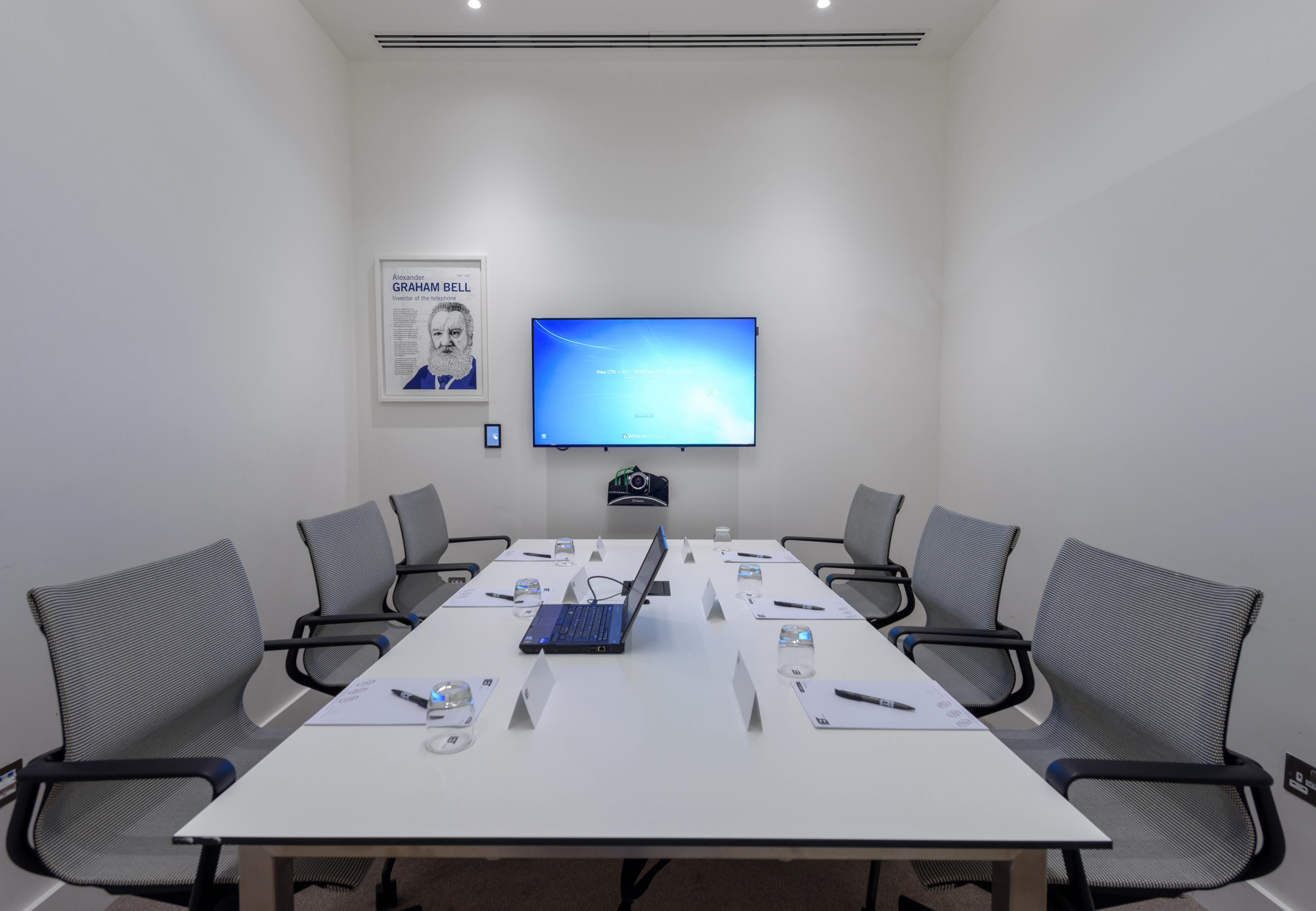 Modern hybrid meeting room, tech, business event