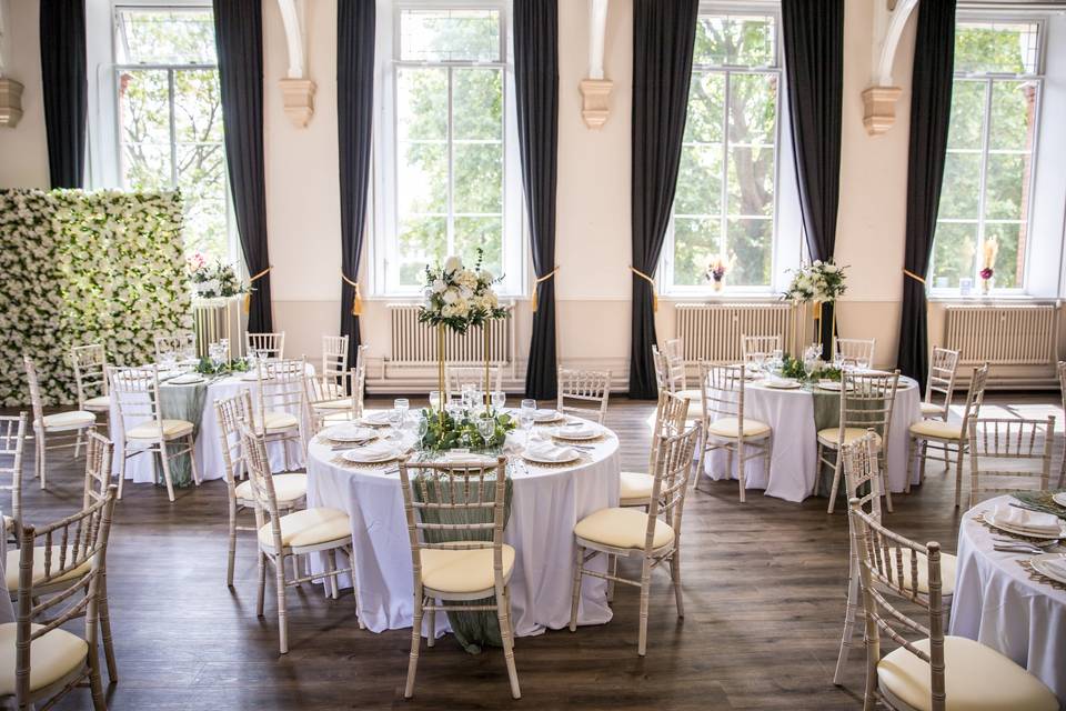 Merryweather Vestry Hall gala banquet with floral centerpieces, wedding reception venue.