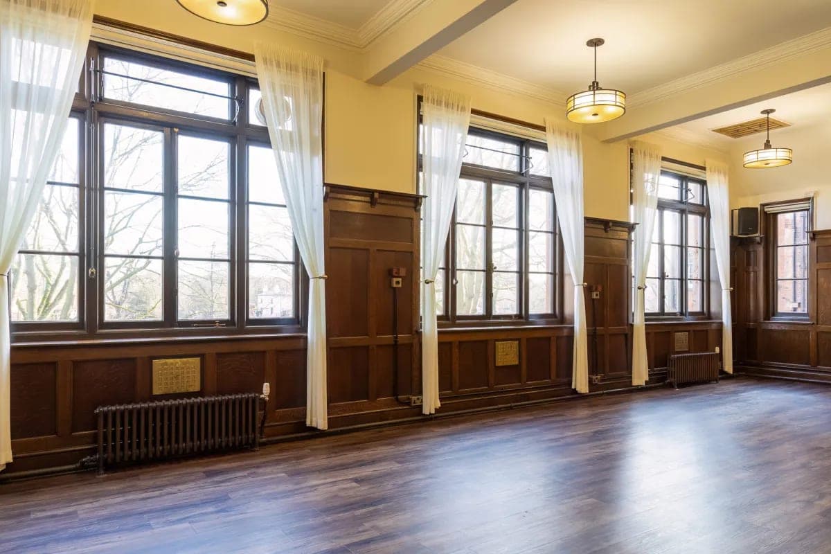 Wandle Suite at Vestry Hall: Classic wood-paneled event space for hire, ideal for weddings and meetings.