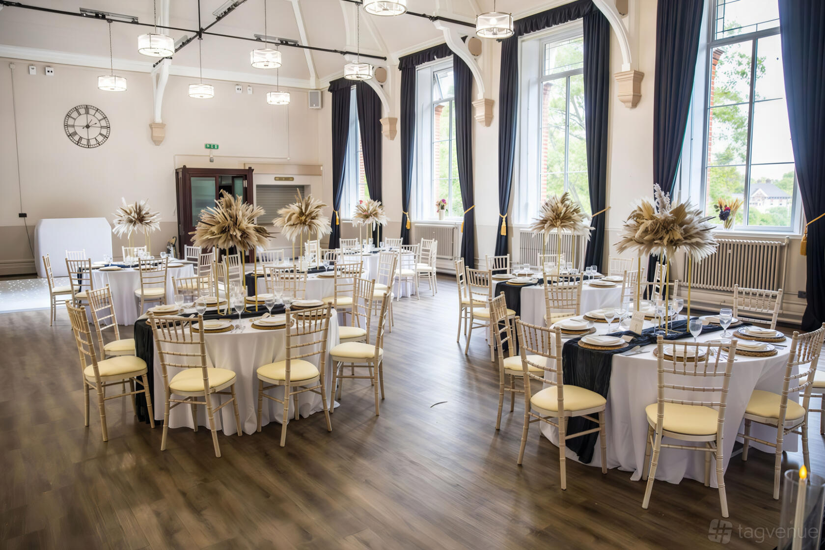 Wandle Suite at Vestry Hall: Banquet set for wedding or formal event with pampas grass decor.