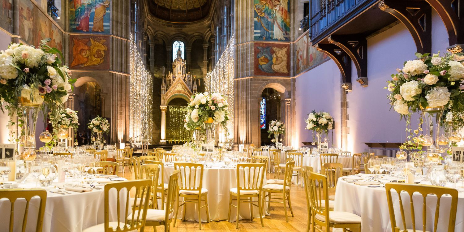 Mansfield Traquair banquet hall with fairy lights for luxury wedding or corporate event venue.