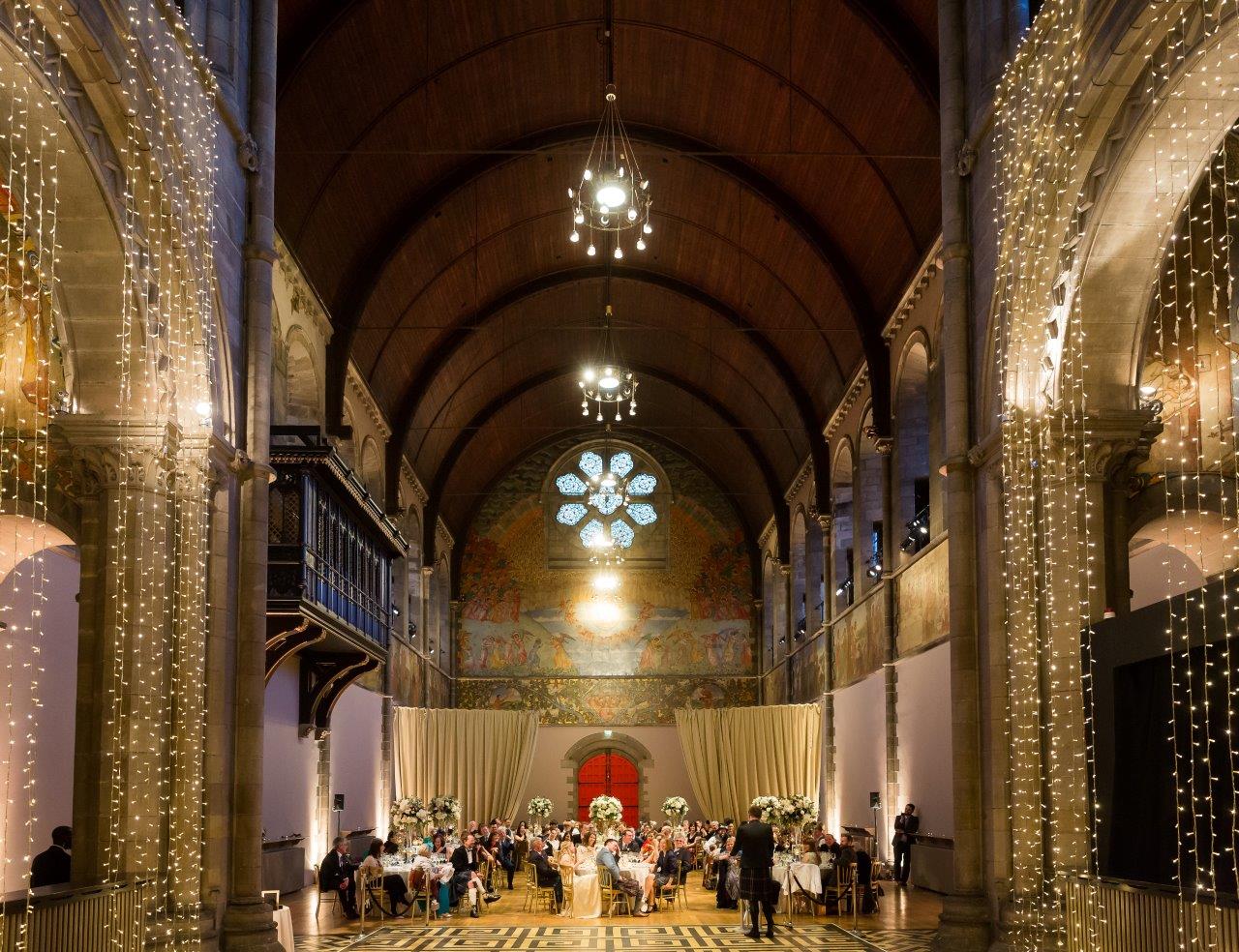 Mansfield Traquair venue with fairy lights for luxury gala dinner or wedding reception.