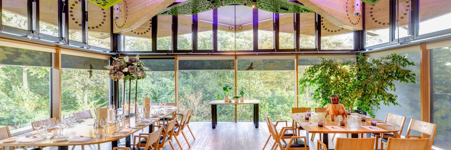 Royal Botanic Garden Edinburgh event space with floor-to-ceiling windows for luxury dining meetings.