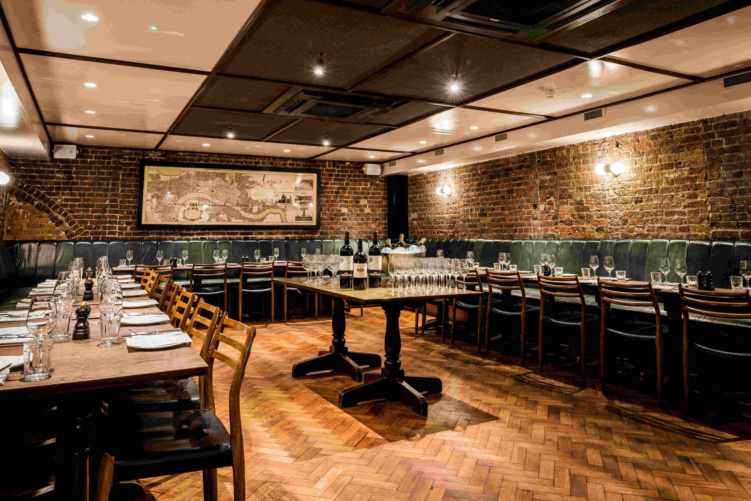 Hawksmoor Seven Dials industrial private dining room for corporate events and networking.