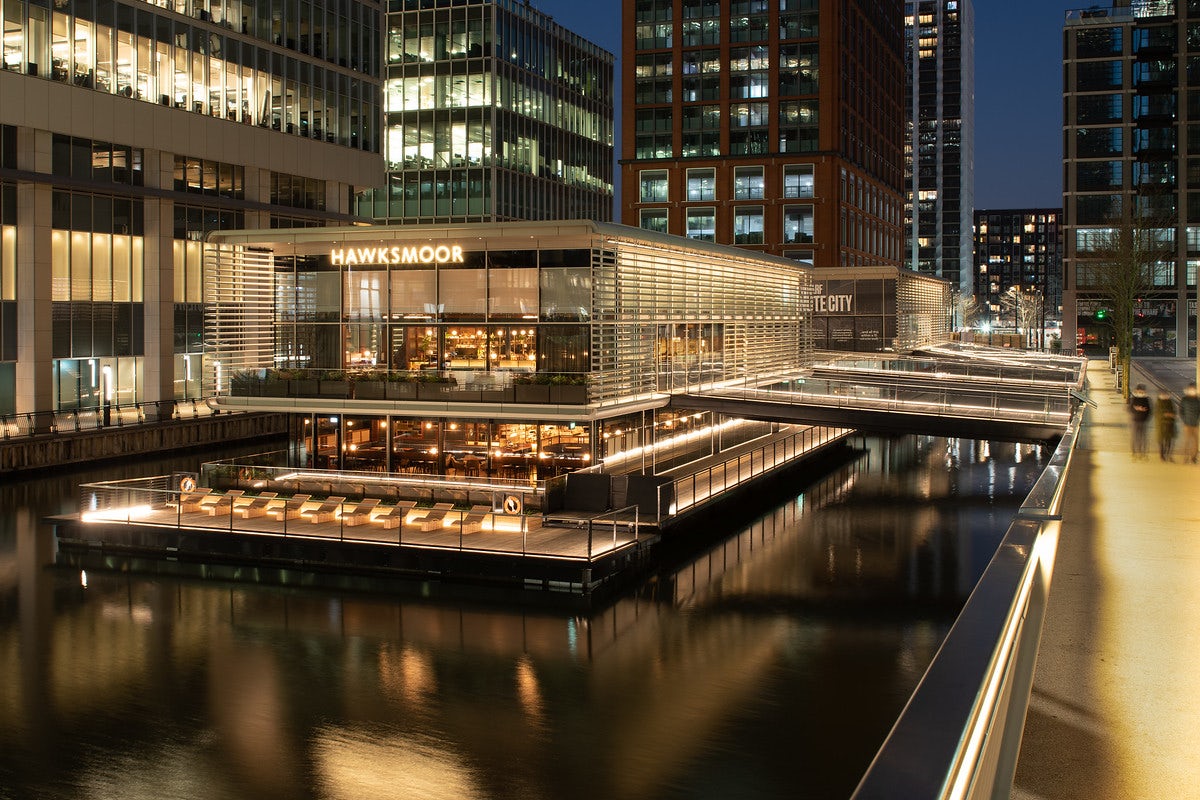 Queenie Watts at Hawksmoor, Wood Wharf: sophisticated waterside venue for corporate events.