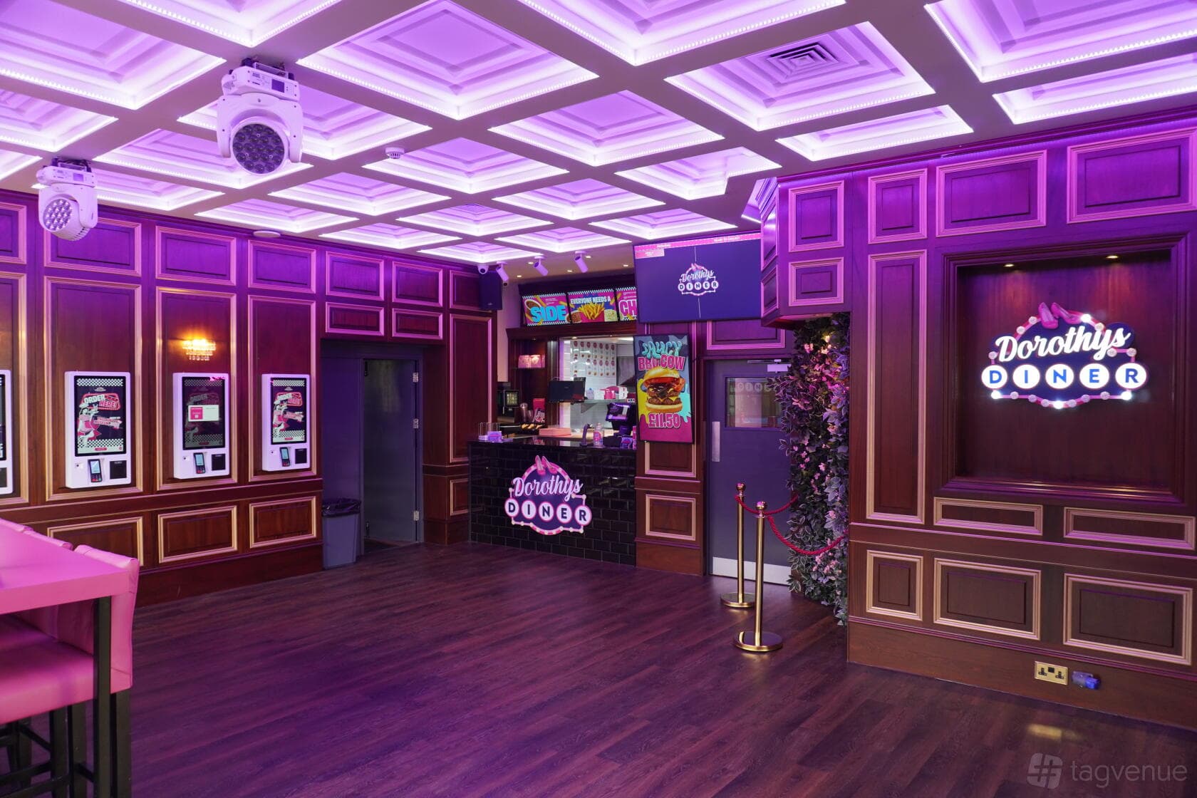 Main Diner venue with purple LED lighting, perfect for experiential pop-ups and corporate receptions.