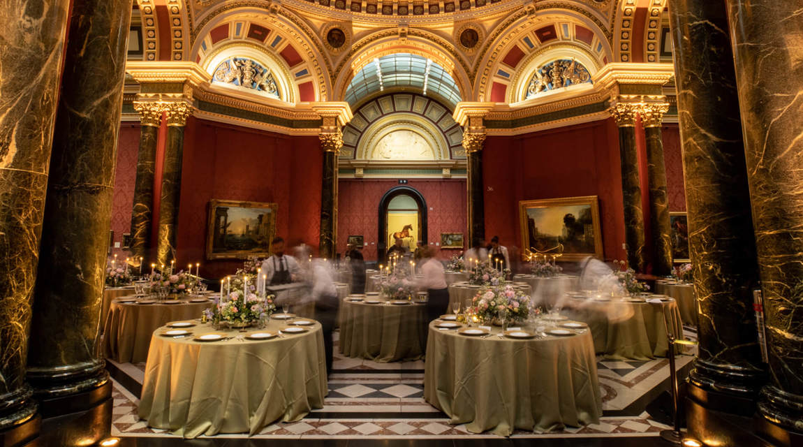 High-end gala in historic Main Gallery venue, featuring catering service, event space rental.