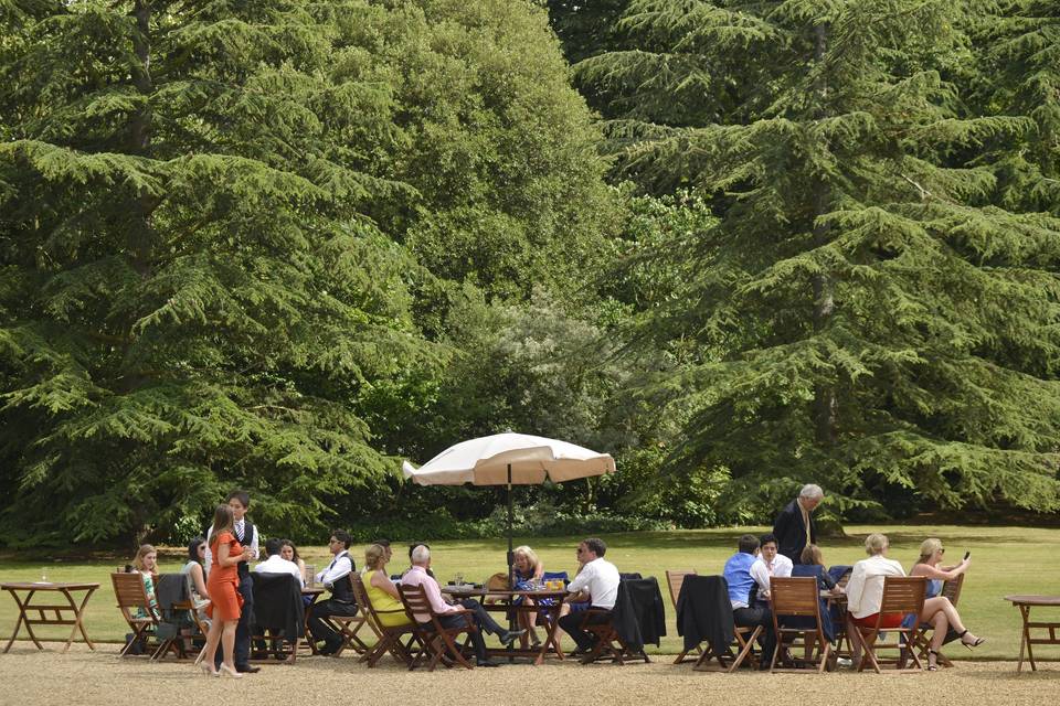 Fellows' Garden outdoor breakout space at Downing College for networking events.