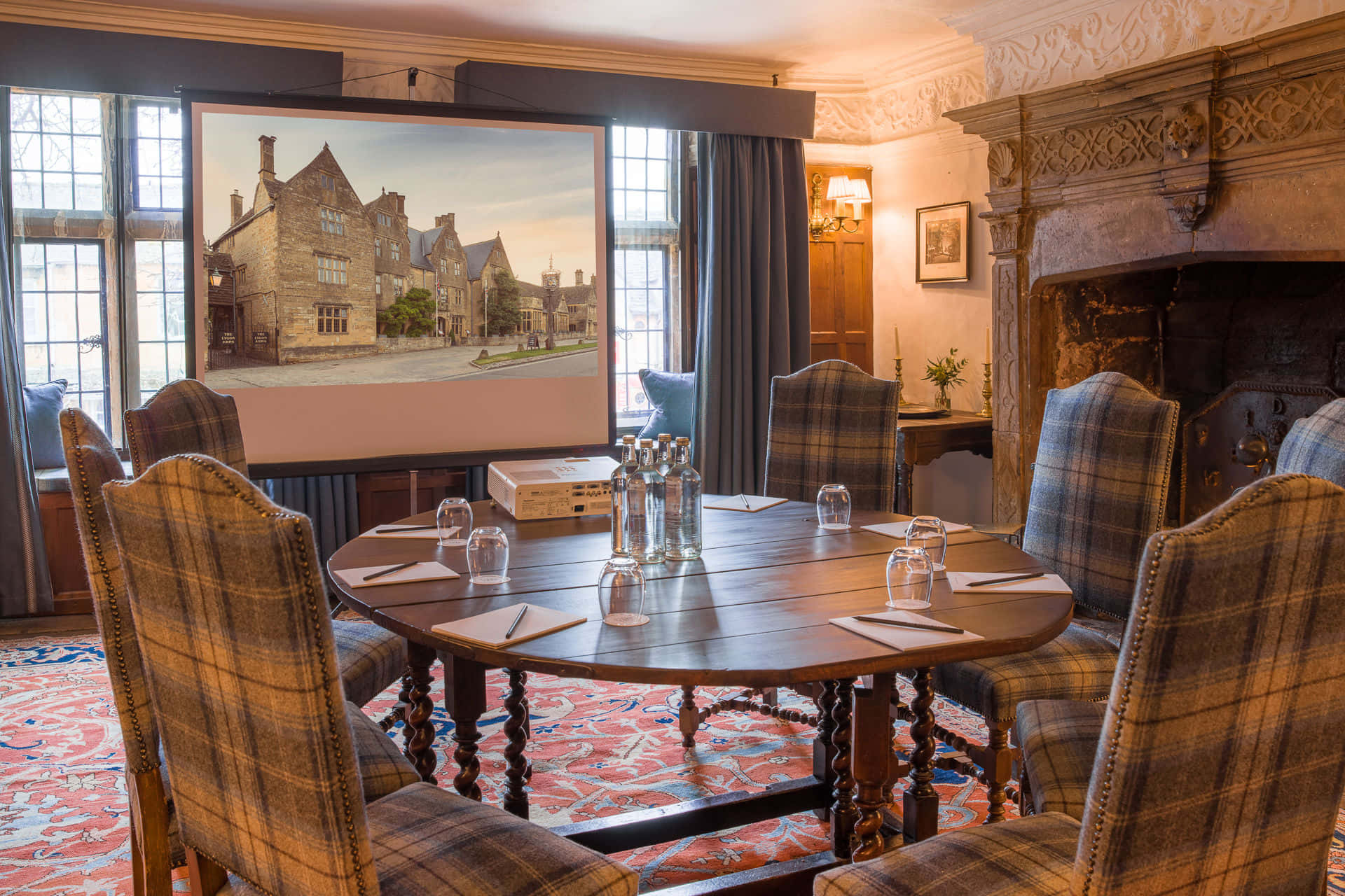 The Cromwell Room boardroom with tartan seating for executive retreats and corporate meetings.